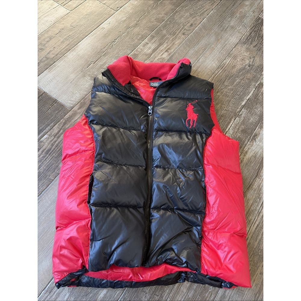 Polo Ralph Lauren Boys Youth Down Puffer Vest Large 14-16 Big Pony Black Red